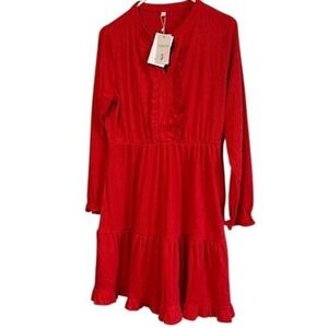 Red Ribbed Ruffle Tiered Mini Dress Long Sleeve V-Neck New With Tags Women